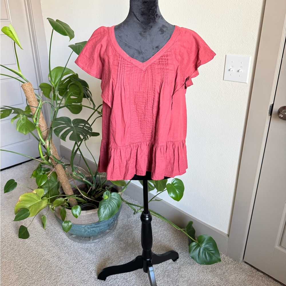 Women's Burgundy V-Neck Ruffle Top